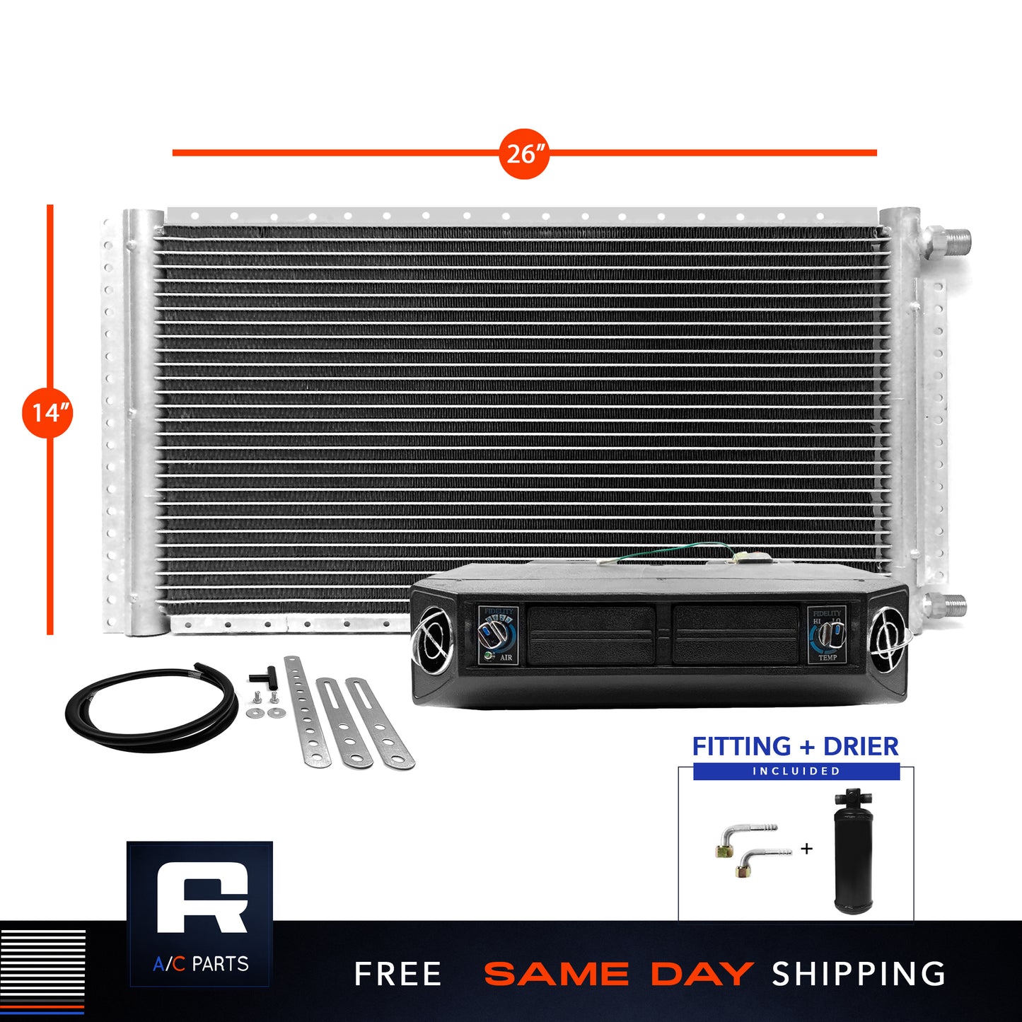 Universal Kit Under dash Evaporator 12V & Condenser Parallel Flow 14" x 26"